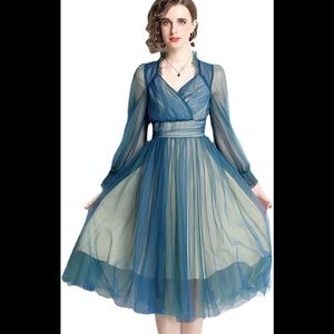 XL starry night blue green chiffon tulle midi dress cottage plus pleated sheer